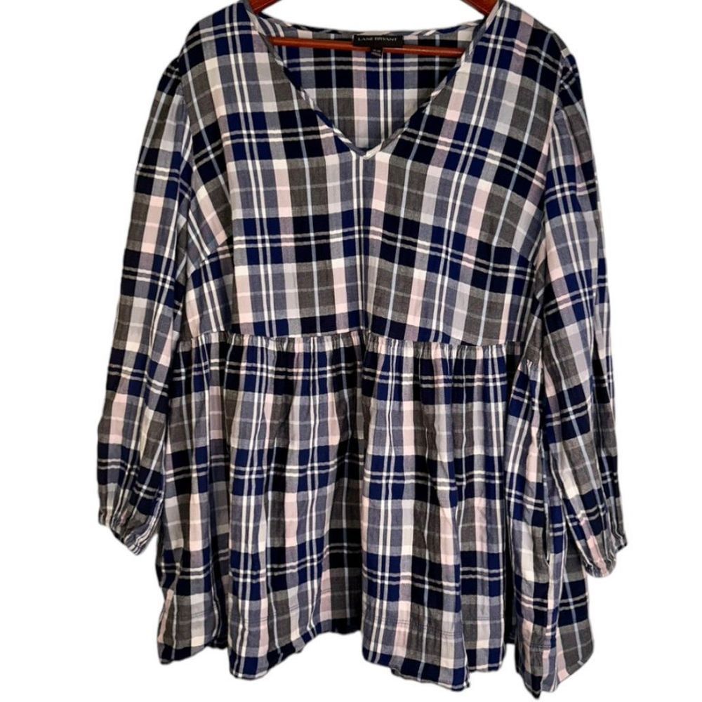 Lane Bryant Womens 18/20 Navy Plaid Vneck Longsleeve Babydoll Feminine Tunic Top